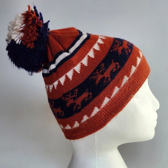 VINTAGE FERSTEN POM POM TOQUE REINDEER TRI COLOUR KIDS - Picture 1 of 6